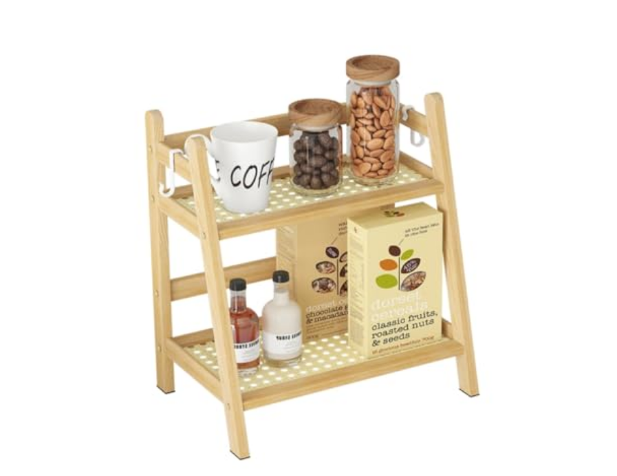 2-tier bamboo no-drill kitchen countertop organizer under $18 for plates and cups